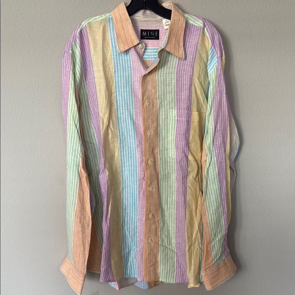 Vintage 100% Linen Pastel Striped Button Down Shirt Men’s XL